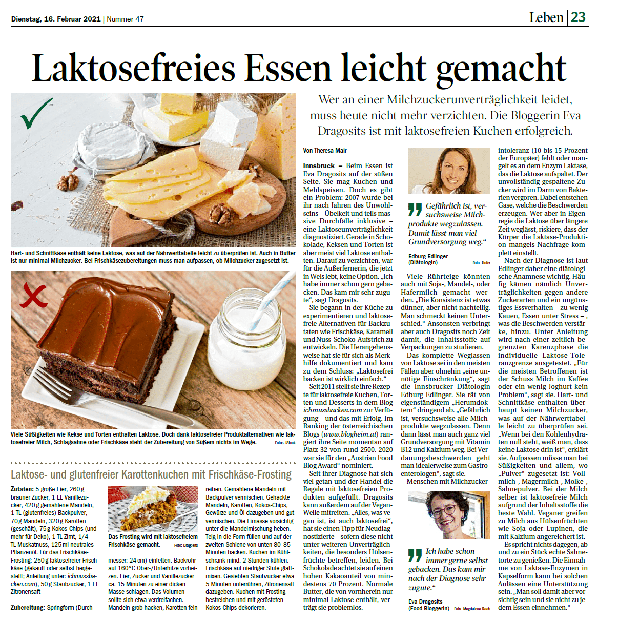 Laktosefreies Essen leicht gemacht, Tiroler Tageszeitung