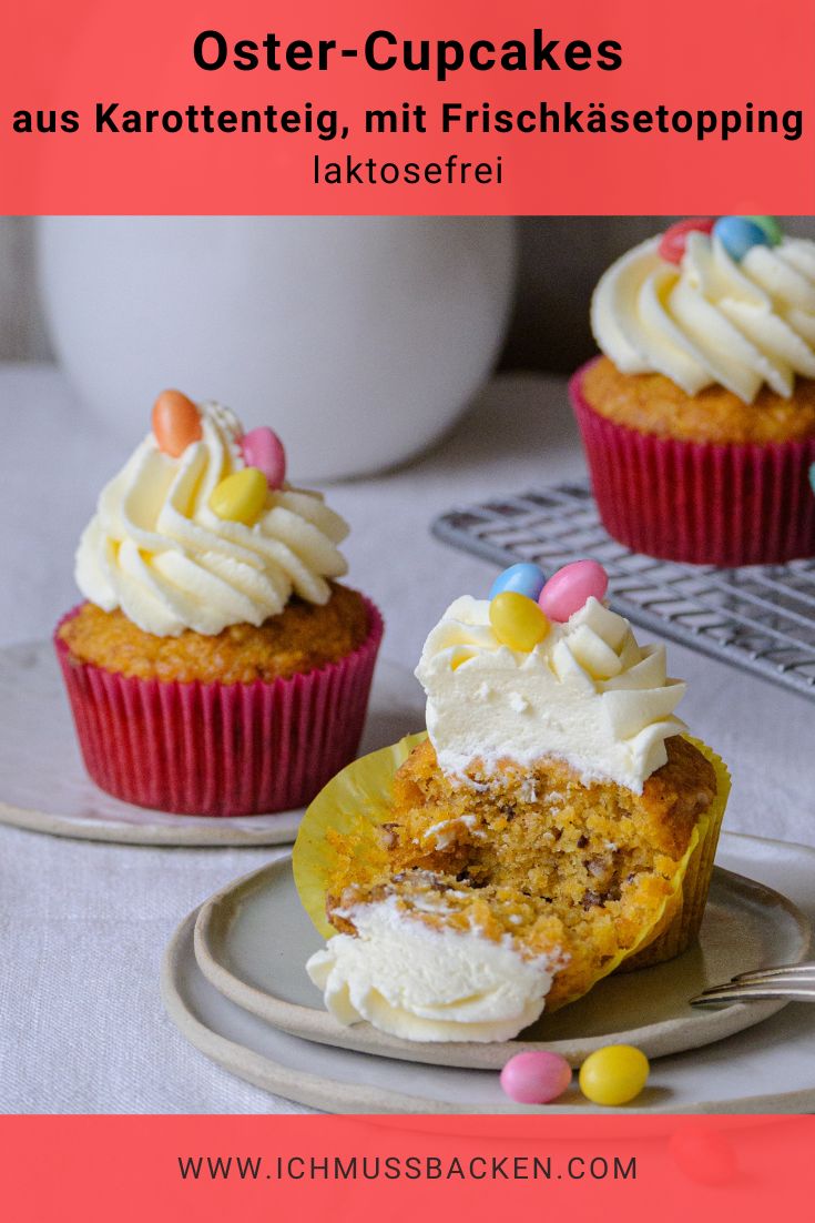 Pinterest Pin: Oster-Cupcakes aus Karottenteig und mit Frischkäsetopping