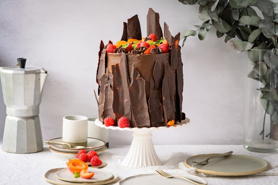 Hohe Schokoladentorte mit Himbeeren und Marillen: schokoladig, fruchtig, crunchy (laktosefrei)