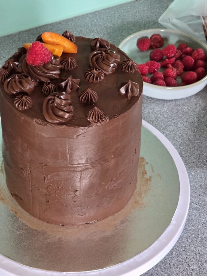 Eine eingestrichene hohe Schokoladentorte mit Tupfen aus Schokoladenganache, dazu Himbeeren und Marillenspalten